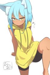  absurdres animal_ear_fluff animal_ears bad_id bad_pixiv_id barefoot bike_shorts black_shorts blue_hair blush breasts brown_eyes closed_mouth commentary_request drawstring feet_out_of_frame female hair_between_eyes highres hood hood_down hoodie idaten93 knee_up long_hair long_hoodie original short_shorts shorts simple_background sleeveless sleeveless_hoodie small_breasts solo tan terufu-chan translated white_background yellow_hoodie 