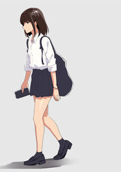  backpack bag black_footwear black_skirt black_socks bob_cut breasts brown_hair cellphone elbow_sleeve female from_side full_body high-waist_skirt holding holding_phone loafers medium_hair miniskirt original parted_lips phone pleated_skirt school_uniform shirt shoes simple_background skirt small_breasts smartphone socks solo standing walking white_background white_shirt wristband yukiyoshi_mamizu 