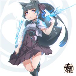  animal_ear_fluff animal_ears black_footwear black_hair black_ribbon boots choker chromatic_aberration commentary female fox_ears fox_girl fox_tail hair_ribbon hand_up highres holding holding_sword holding_weapon kasumi_(kuro_kosyou) katana knee_boots kuro_kosyou long_hair looking_at_viewer magic open_mouth original pleated_skirt purple_eyes ribbon shirt sidelocks signature skirt solo sword tail thick_eyebrows two-tone_background weapon white_background 