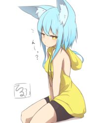  absurdres animal_ear_fluff animal_ears bad_id bad_pixiv_id bare_arms bare_shoulders between_legs bike_shorts black_shorts blue_hair breasts brown_eyes commentary_request drawstring feet_out_of_frame female hair_between_eyes hand_between_legs highres hood hood_down hoodie idaten93 long_hair long_hoodie looking_at_viewer original short_shorts shorts sitting sleeveless sleeveless_hoodie small_breasts solo terufu-chan translated white_background yellow_hoodie 