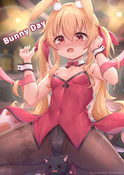  &gt;_&lt; absurdres alternate_language animal_ear_fluff animal_ears arata_(xin) bare_shoulders black_cat black_leotard black_pantyhose blonde_hair blush bow bowtie breasts bunny_day clenched_hand commentary company_name copyright_notice covered_navel detached_collar english_commentary english_text feline female flying_sweatdrops furrowed_brow hair_between_eyes hair_ribbon highres kneeling leotard little_witch_nobeta long_hair nobeta nose_blush official_alternate_costume official_art open_mouth oversized_breast_cup pantyhose phyllis_(cat)_(little_witch_nobeta) phyllis_(little_witch_nobeta) playboy_bunny rabbit_ears red_bow red_bowtie red_eyes red_ribbon ribbon second-party_source small_breasts solo spread_legs strapless strapless_leotard traditional_bowtie twintails wrist_cuffs 