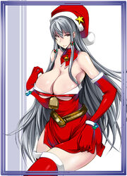  armpits bad_id bad_pixiv_id bell belt bracelet breasts christmas cleavage detached_collar detached_sleeves female framed gengoroh grey_hair hat jewelry large_breasts long_hair santa_costume santa_hat selvaria_bles senjou_no_valkyria_(series) solo star_(symbol) thighhighs zettai_ryouiki 