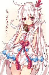  bare_shoulders candy chocolate chocolate_bar choko_(last_period) commentary_request dress eating eyebrows female food gloves hair_ornament holding holding_food last_period licking long_hair looking_at_viewer meiji_(brand) meiji_milk_chocolate red_eyes sleeveless solo thigh_gap tongue tongue_out translated twitter_username unacchi_(nyusankin) very_long_hair white_dress white_gloves white_hair 