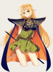  armor arms_behind_back bad_id bad_twitter_id blonde_hair blue_cape cape circlet contrapposto cropped_legs deedlit elf female green_eyes grey_background long_hair looking_at_viewer pointy_ears record_of_lodoss_war shoulder_pads smile solo srb7606 standing sword tunic very_long_hair weapon 