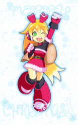  ;) belt blonde_hair boots call_(mighty_no._9) call_f choker christmas commentary_request female gradient_hair green_eyes headphones heart highres knee_boots long_hair merry_christmas mighty_no._9 multicolored_hair one_eye_closed ponytail robot sack santa_costume shoutaro_saito smile solo very_long_hair 