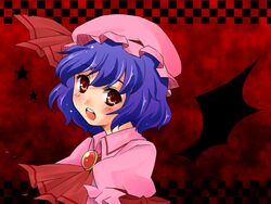  bat_wings blue_hair bow brooch commentary_request female hat hat_bow jewelry red_eyes remilia_scarlet ryou-tan+ short_hair solo touhou wings 