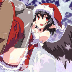  alternate_costume bag black_hair black_thighhighs black_wings christmas cl_(h-sys.) commentary_request detached_sleeves female foreshortening hat looking_at_viewer open_mouth panties pantyshot photoshop_(medium) pointy_ears red_eyes santa_costume santa_hat shameimaru_aya short_hair smile solo star_(symbol) thighhighs touhou underwear white_panties wings 