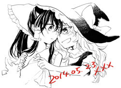  2girls :d ascot blush bow braid clothes_pull commentary couple dated forehead-to-forehead hairbow hakurei_reimu hat heads_together hug hug_from_behind imminent_kiss kirisame_marisa long_hair monochrome multiple_girls noses_touching open_mouth shared_hat single_braid smile spot_color touhou undressing wavy_hair witch_hat yonu_(yonurime) yuri 