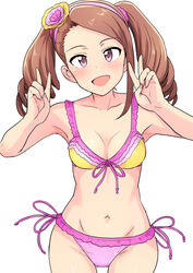  bikini breasts brown_eyes brown_hair cleavage collarbone commentary_request cowboy_shot double_v drill_hair female frilled_bikini frills hair_ornament head_tilt highres idolmaster idolmaster_(classic) medium_breasts minase_iori navel open_mouth pink_bikini side-tie_bikini_bottom smile solo standing swimsuit tsurui twin_drills v vivid_bikini_(idolmaster) yellow_bikini 