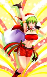  ;d absurdres ahoge alternate_costume arm_up armlet armpits bandeau bare_arms bare_shoulders black_gloves boots bow breasts capelet cleavage commentary_request earrings eyelashes feet_out_of_frame female gloves green_bow green_hair hair_between_eyes hand_up hat highres holding holding_sack holly itocoh jewelry kazami_yuuka large_breasts leg_up looking_at_viewer midriff miniskirt navel one_eye_closed open_mouth pencil_skirt red_bow red_capelet red_eyes red_footwear red_skirt sack santa_costume santa_hat short_hair side_slit silhouette skirt smile solo star_(symbol) star_earrings stomach striped striped_bow thighs touhou v-shaped_eyebrows 