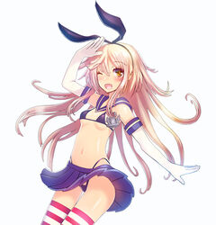  :d anchor anchor_hair_ornament bad_id bad_pixiv_id bikini blonde_hair elbow_gloves female gloves hair_ornament hairband highleg highleg_bikini highleg_swimsuit kantai_collection long_hair looking_at_viewer microskirt navel one_eye_closed open_mouth sailor_collar salute shimakaze_(kancolle) skirt smile solo striped_clothes striped_thighhighs swimsuit tanaka_ken&#039;ichi thighhighs uniform white_gloves yellow_eyes 