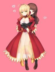  2girls :3 bad_id bad_pixiv_id breasts brown_eyes brown_hair center_opening cleavage commentary_request dress epaulettes fate/extra fate/extra_ccc fate_(series) full_body green_eyes height_difference highres hug hug_from_behind kishinami_hakuno_(female) large_breasts lifting_person long_hair multiple_girls munuko nero_claudius_(fate) nero_claudius_(fate/extra) pantyhose red_dress simple_background v-shaped_eyebrows yuri 