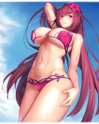  arm_up bare_shoulders bikini blush breasts cleavage cloud commentary_request cowboy_shot day fate/grand_order fate_(series) female flower groin hair_between_eyes hair_flower hair_ornament hand_in_own_hair hand_on_own_hip highres large_breasts lens_flare long_hair looking_at_viewer looking_down lun7732 navel purple_bikini purple_hair red_eyes ruffling_hair scathach_(fate) scathach_(swimsuit_assassin)_(fate) sky smile solo sunlight swimsuit underboob very_long_hair 