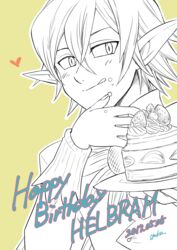  1boy blush buttons cake cake_slice commentary_request dated fairy flower food food_on_face hair_between_eyes happy_birthday harumiya helbram licking_lips long_sleeves looking_to_the_side nanatsu_no_taizai plate pointy_ears strawberry_shortcake tongue tongue_out yellow_background 