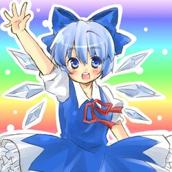  arm_up blue_eyes blue_hair blush bow cirno commentary_request female hairbow ice ice_wings open_mouth rainbow_background ryou-tan+ solo touhou wings 