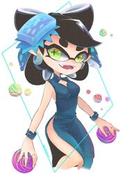  +_+ black_hair blue_dress blue_hair callie_(splatoon) china_dress chinese_clothes cleavage_cutout clothing_cutout commentary_request dress earrings female food food_on_head green_eyes highres inkling jewelry looking_at_viewer mole mole_under_eye multicolored_hair object_on_head oerba_yun_fang okome_2g2g pointy_ears side_slit solo splatoon_(series) tentacle_hair thighs 