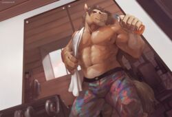  2017 5_fingers abs anthro biceps big_muscles biped bottle braided_hair brown_body brown_fur brown_hair brown_nipples brown_tail clothed clothing container detailed_background digital_media_(artwork) equid equine fingers fiver_agrante front_view fur gym hair hi_res holding_bottle holding_container holding_object holding_towel horse humanoid_hands inside looking_at_viewer male mammal muscular muscular_anthro muscular_male nipples pecs signature solo standing tail topless towel whiteleonard 