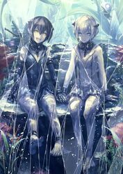  2girls abyssal_ship abyssal_twin_princess_(black) abyssal_twin_princess_(white) barefoot black_dress black_gloves black_hair black_nails blue_eyes commentary_request crack dress elbow_gloves gloves hair_between_eyes highres holding_hands kantai_collection looking_at_viewer multiple_girls nail_polish nina_(ninageya) open_mouth seafloor short_hair sitting sleeveless sleeveless_dress smile submerged thighhighs underwater white_dress white_hair white_legwear yellow_eyes 