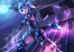  armor ass_visible_through_thighs bad_id bad_pixiv_id black_gloves blue_hair commentary_request dutch_angle elbow_gloves eyepatch female frame_arms_girl gloves headgear jinrai_(frame_arms_girl) knife kunai leotard long_hair looking_at_viewer mecha_musume momoto moon night open_mouth outdoors photoshop_(medium) ponytail purple_eyes reverse_grip rooftop solo spread_legs standing teeth throwing tile_roof weapon 