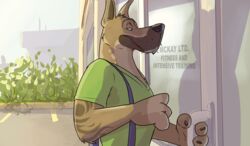  2018 absurd_res anthro black_nose brown_body brown_fur building canid canine canis clothed clothing day digital_media_(artwork) domestic_dog door fur great_dane green_clothing green_shirt green_topwear hi_res leaf light lighting mammal markings mastiff molosser outside paintfox plant richie_(paintfox) shadow shirt sky t-shirt tattoo topwear 