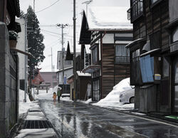  2girls car city commentary_request day highres lamppost lolicon motor_vehicle multiple_girls original outdoors road sky snow street tree umbrella winter yakikoke 