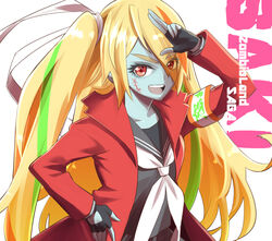  armband bad_id bad_pixiv_id black_undershirt blonde_hair blue_skin bousouzoku coat colored_skin commentary_request copyright_name delinquent eyes_visible_through_hair female fingerless_gloves gloves hair_over_one_eye hair_ribbon hayadai jacket light_green_hair long_hair long_jacket long_sleeves looking_at_viewer multicolored_hair nikaidou_saki one_side_up open_mouth orange_hair pose red_eyes red_jacket ribbon salute scar scar_on_face school_uniform serafuku solo streaked_hair tokkoufuku v-shaped_eyebrows very_long_hair zombie zombie_land_saga 