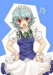  angry apron braid commentary_request female grey_hair hands_on_own_hips izayoi_sakuya maid_headdress open_mouth red_eyes ryou-tan+ solo touhou twin_braids waist_apron wrist_cuffs 