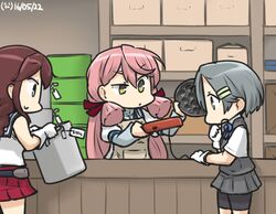  3girls akashi_(kancolle) apron bike_shorts brown_hair commentary dated drum_(container) gloves green_eyes grey_hair hachimaki hair_ribbon hamu_koutarou headband kantai_collection kuroshio_(kancolle) long_sleeves multiple_girls noshiro_(kancolle) pink_hair pleated_skirt pot price_tag ribbon school_uniform serafuku shelf short_hair skirt takoyaki_pan tress_ribbon white_gloves yellow_eyes 