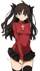  black_hair black_skirt black_thighhighs blue_eyes blush commentary_request cowboy_shot fate/stay_night fate_(series) female hair_ribbon long_hair long_legs murakami_meishi pleated_skirt ribbon skirt solo sweatdrop sweater thighhighs tohsaka_rin turtleneck two_side_up zettai_ryouiki 