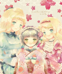  3girls alice_blanche aoyama_homare blue_eyes blunt_bangs bow brown_hair camille_blanche dress floral_print flower frills green_eyes hair_flower hair_ornament hand_on_shoulder ikoku_meiro_no_croisee japanese_clothes kimono long_hair looking_at_viewer multiple_girls puffy_sleeves ribbon short_hair siblings sisters smile very_long_hair yune_(ikoku_meiro_no_croisee) 