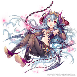  :d armpits bare_shoulders beads blue_hair breasts commentary_request company_name demon_girl elbow_gloves eyebrows female gloves glowing headpiece horns jewelry long_hair looking_at_viewer madogawa navel necklace oerba_yun_fang official_art open_mouth original pantyhose photoshop_(medium) pleated_skirt red_eyes shoes simple_background skirt small_breasts smile solo tower_of_dragon very_long_hair white_background 