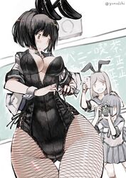  3girls animal_ears bad_id bad_twitter_id black_hair breasts center_opening chalkboard cleavage commentary_request fake_animal_ears fishnet_legwear fishnets highres multiple_girls original pantyhose playboy_bunny rabbit_ears taking_picture tefec thigh_gap tying wrist_cuffs 