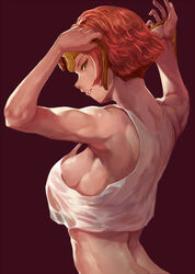  arched_back arms_up back bare_arms bare_shoulders breasts brown_background commentary crop_top crop_top_overhang female from_behind goggles goggles_on_head green_eyes half-closed_eyes koutetsujou_no_kabaneri large_breasts looking_at_viewer looking_back muscular muscular_female orange_hair parted_lips profile purple_background shiny_skin short_hair sideboob simple_background solo tomboy tying upper_body very_short_hair vest whistlerx white_vest yukina_(kabaneri) 