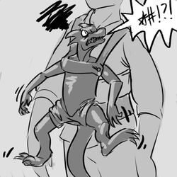  1:1 angry baby_carrier black_and_white claws clothing dragontherapist duo fangs grawlixes horn human humor kobold larger_male male mammal monochrome profanity pupils scalie simple_background size_difference slit_pupils smaller_male spread_legs spreading teeth 