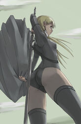  ass blonde_hair cape claymore_(series) commentary_request cynthia_(claymore) female long_hair looking_back low_twintails solo sword tea_(nakenashi) thighhighs twintails weapon 