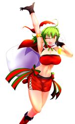  ;d absurdres ahoge alternate_costume arm_up armlet armpits bandeau bare_arms bare_shoulders black_gloves boots bow breasts capelet cleavage commentary_request earrings eyelashes feet_out_of_frame female gloves green_bow green_hair hair_between_eyes hand_up hat highres holding holding_sack holly itocoh jewelry kazami_yuuka large_breasts leg_up looking_at_viewer midriff miniskirt navel one_eye_closed open_mouth pencil_skirt red_bow red_capelet red_eyes red_footwear red_skirt sack santa_costume santa_hat short_hair side_slit simple_background skirt smile solo star_(symbol) star_earrings stomach striped striped_bow thighs touhou v-shaped_eyebrows white_background 