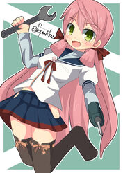  akashi_(kancolle) blue_skirt commentary_request drill female green_eyes hair_ribbon highres hip_vent kantai_collection long_hair long_sleeves looking_at_viewer open_mouth pepatiku pink_hair pleated_skirt power_drill power_tool ribbon school_uniform serafuku skirt smile solo thighhighs tress_ribbon wrench 