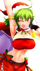  ;d ahoge alternate_costume arm_up armlet armpits bandeau bare_arms bare_shoulders black_gloves bow breasts capelet cleavage commentary_request earrings eyelashes female gloves green_bow green_hair hair_between_eyes hand_up hat highres holding holding_sack holly itocoh jewelry kazami_yuuka large_breasts looking_at_viewer midriff miniskirt navel one_eye_closed open_mouth pencil_skirt red_bow red_capelet red_eyes red_skirt sack santa_costume santa_hat short_hair side_slit simple_background skirt smile solo star_(symbol) star_earrings stomach striped striped_bow touhou upper_body v-shaped_eyebrows white_background 