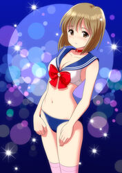  :o bikini bishoujo_senshi_sailor_moon blue_sailor_collar blush bob_cut bow bra breasts brown_eyes brown_hair choker cleavage commentary_request cosplay female hagiwara_yukiho highres idolmaster idolmaster_(classic) looking_at_viewer open_mouth panties ponnetsu red_bow red_choker sailor_bikini sailor_collar sailor_moon sailor_moon_(cosplay) sailor_moon_narikiri_bra_set sailor_senshi_uniform short_hair solo stomach swimsuit thighhighs underwear underwear_only 