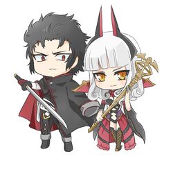  1boy black_hair carmilla_(fate) chibi coat commentary_request fate/grand_order fate_(series) female highres hijikata_toshizou_(fate) katana red_eyes shiina_(vuurrood) staff supportasse sword weapon white_hair yellow_eyes 