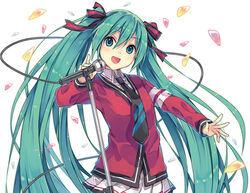  :d album_cover alternate_costume aqua_eyes aqua_hair cable cover female hair_ribbon hatsune_miku long_hair looking_at_viewer microphone microphone_stand natsu_natsuna necktie open_mouth ribbon school_uniform smile solo twintails very_long_hair vocaloid white_background 