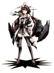  ahoge bare_shoulders black_eyes brown_hair commentary_request detached_sleeves double_bun female full_body hair_bun hair_ornament hairband headgear japanese_clothes kantai_collection kongou_(kancolle) long_hair makishima_rin one_eye_closed skirt smile solo thighhighs transparent_background 