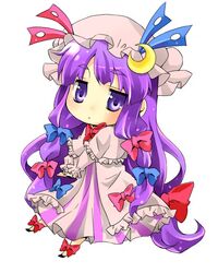  bow chibi commentary_request crescent female hairbow hat jitome long_hair patchouli_knowledge purple_hair ryou-tan+ solo touhou very_long_hair 