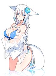  animal_ears aqua_hair artist_name bare_shoulders bikini bikini_under_clothes blue_bikini blue_eyes blue_hair braid breast_hold breasts cleavage closed_mouth collarbone colored_tips commentary_request cropped_legs crossed_arms dated female flower fox_ears fox_girl fox_tail front-tie_bikini_top front-tie_top frown hair_flower hair_ornament half-closed_eyes hibiscus hikimayu konshin large_breasts long_hair multicolored_hair off_shoulder orie_mishiro original reflection see-through shiny_skin shirt short_eyebrows side-tie_bikini_bottom signature simple_background single_braid solo swimsuit tail two-tone_hair very_long_hair white_background white_hair white_shirt wide_sleeves 