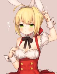  ahoge animal_ears bad_id bad_pixiv_id blonde_hair blush breasts cleavage commentary_request detached_collar dress fate/extra fate_(series) female green_eyes hair_intakes medium_breasts munuko nero_claudius_(fate) nero_claudius_(fate/extra) o3o rabbit_ears red_dress simple_background solo wrist_cuffs 