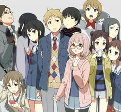  3boys 6+girls :o argyle black_gloves black_hair blazer brown_hair cardigan cellphone coat commentary_request double_bun everyone fujima_miroku glasses gloves grey_background hair_bun inami_sakura jacket kanbara_akihito kanbara_yayoi kuriyama_mirai kyoukai_no_kanata long_hair multiple_boys multiple_girls nase_hiroomi nase_izumi nase_mitsuki necktie ninomiya_shizuku open_cardigan open_clothes open_mouth pantyhose phone red-framed_eyewear sasamori_tomoe scarf school_uniform serafuku shindou_ai shindou_ayaka shirt short_hair shorts simple_background smartphone smile striped_clothes striped_shirt sweater v-shaped_eyebrows 