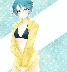  bikini black_bikini blue_hair blush commentary_request female gekkan_shoujo_nozaki-kun green_eyes jacket kashima_yuu kosuke_(pixiv2100845) open_clothes open_jacket short_hair solo swimsuit 