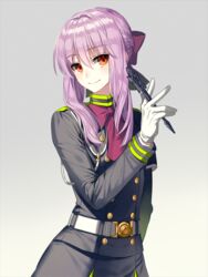  armband bow commentary_request cowboy_shot female gloves grey_background hairbow hiiragi_shinoa long_hair looking_at_viewer owari_no_seraph purple_hair red_eyes smile solo srb7606 uniform white_gloves 