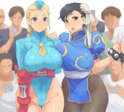  2girls 6+boys ahoge black_hair blue_leotard bracelet breasts brown_eyes cammy_white chun-li commentary_request double_bun faceless faceless_male garrison_cap groin hair_bun hat highleg highleg_leotard huge_ahoge jewelry large_breasts leotard light_smile looking_at_viewer minakami_(flyingman555) multiple_boys multiple_girls pantyhose ribbed_leotard short_hair shoulder_pads sleeved_leotard smile spiked_bracelet spikes street_fighter street_fighter_zero_(series) v 