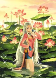  adjusting_hair bad_link blue_eyes blue_gloves breasts cloud female fingerless_gloves flower gloves long_hair lotus medium_breasts silver_hair sky solo srb7606 very_long_hair water 